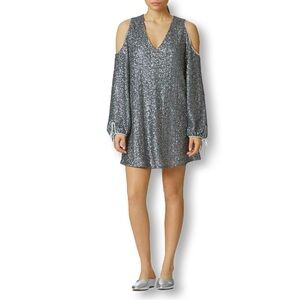 [ AVEC LES FILLES ] Silver Sequin Cold Shoulder A-Line Mini Dress : S : Like New